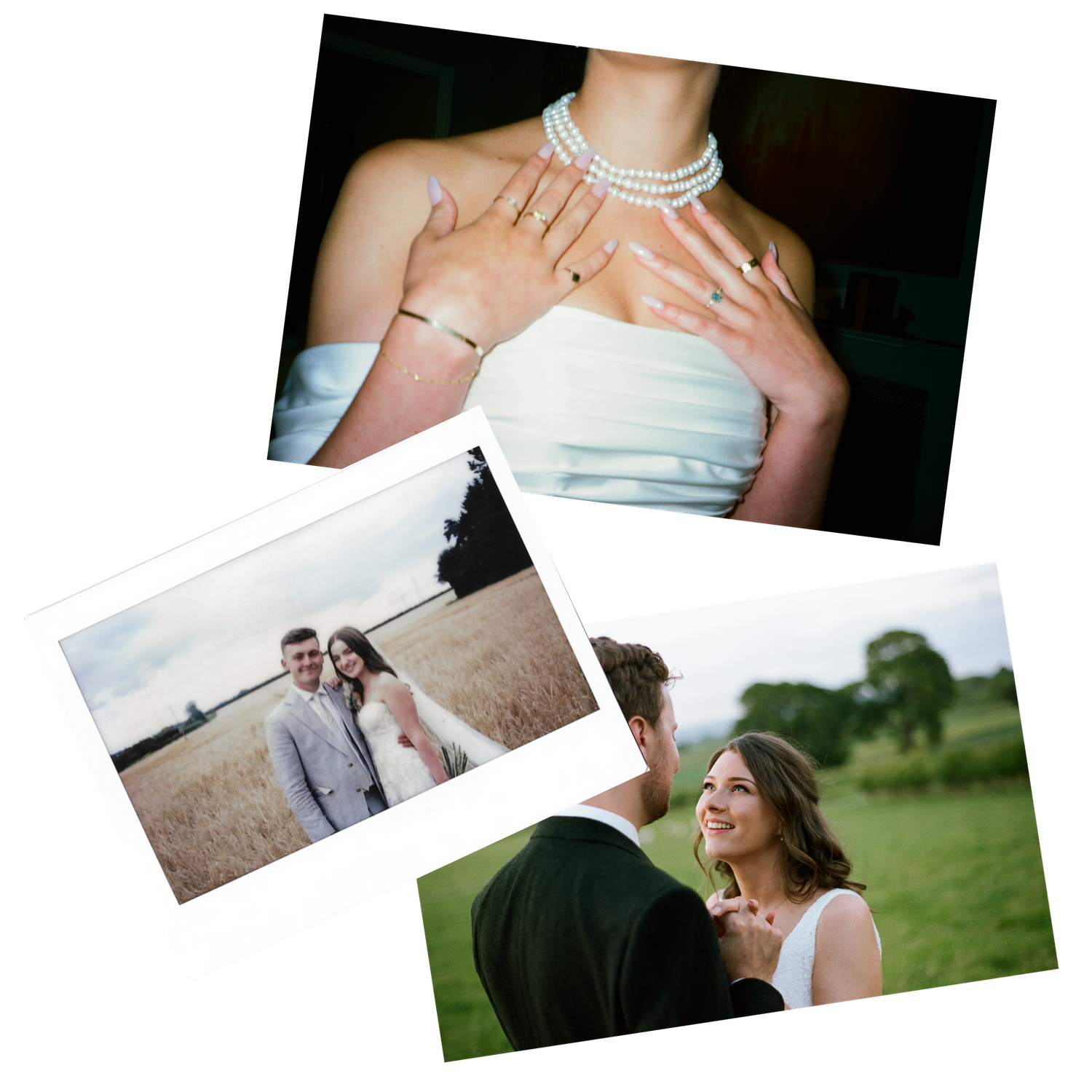 Wedding collage featuring pearl jewelry, a smiling bride, and couple posing in a golden wheat field.