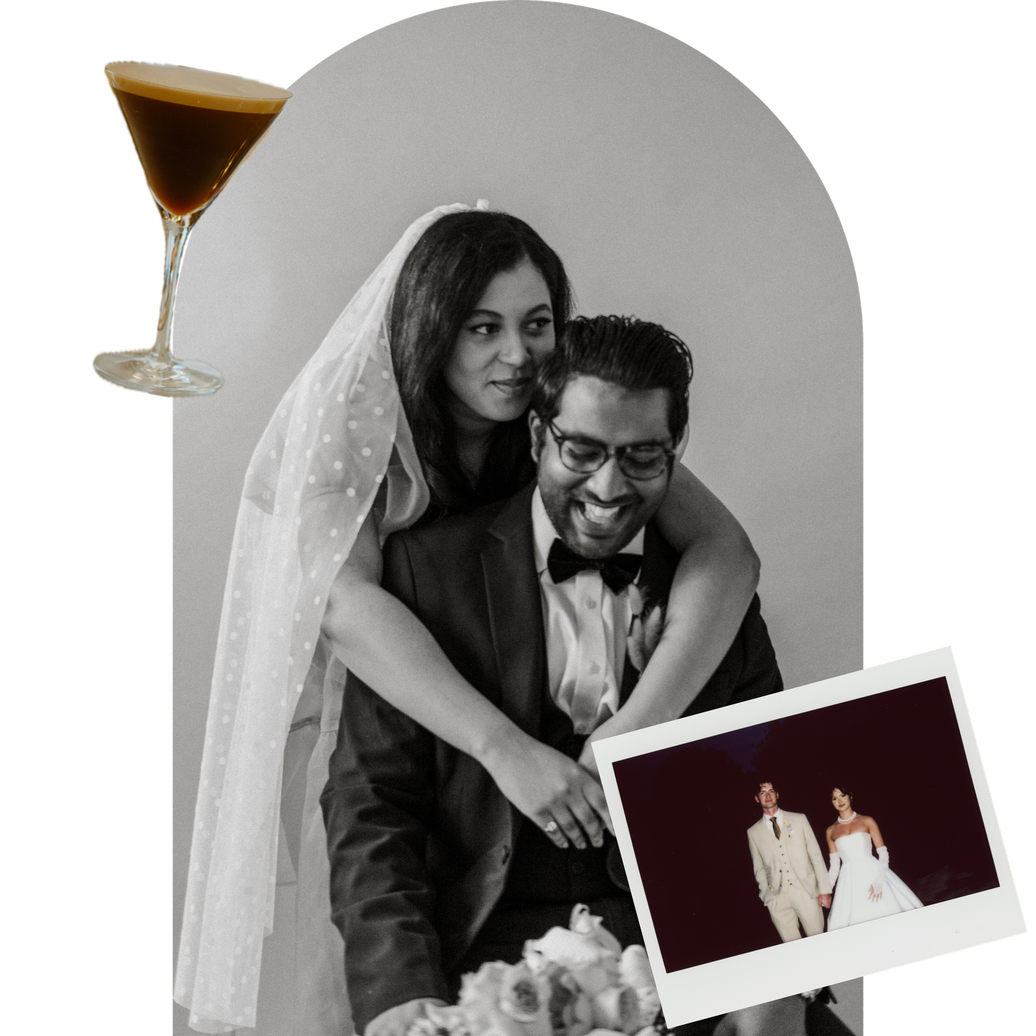 Black and white wedding portrait collage with espresso martini and Polaroid photo.