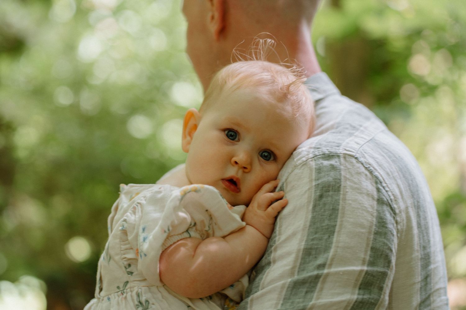 A bald father holds a curious baby against his shoulder in a sunlit green garden.