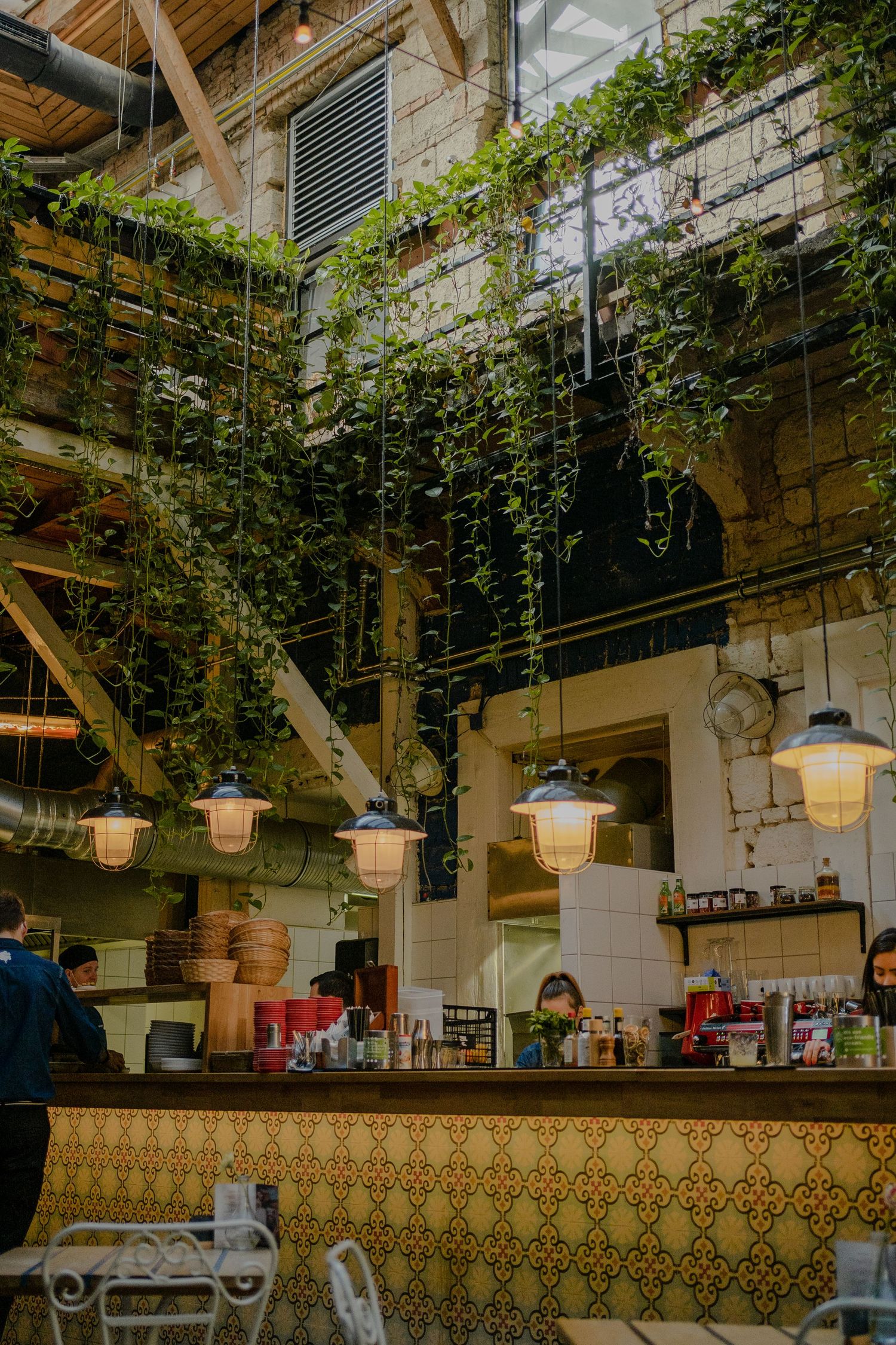 A rustic restaurant interior with hanging lanterns and ivy vines cascading from wooden beams near a tiled bar counter.