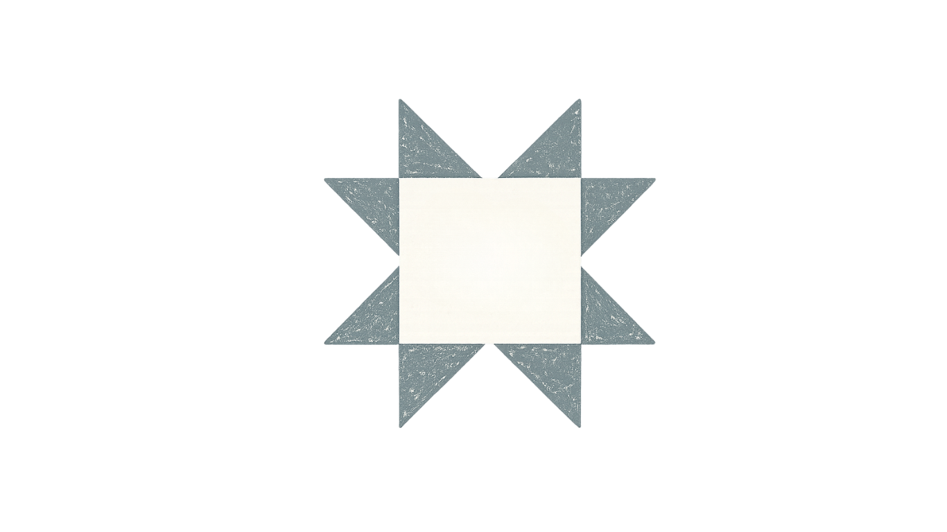 Simple geometric eight-pointed star quilt block design in muted blue-gray and cream colors on white background.