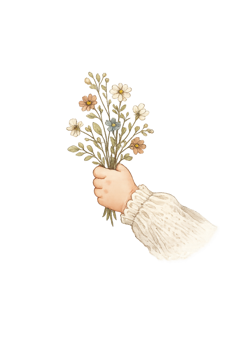 Illustrated child hand in cream knit sweater holding a delicate wildflower bouquet on white background.