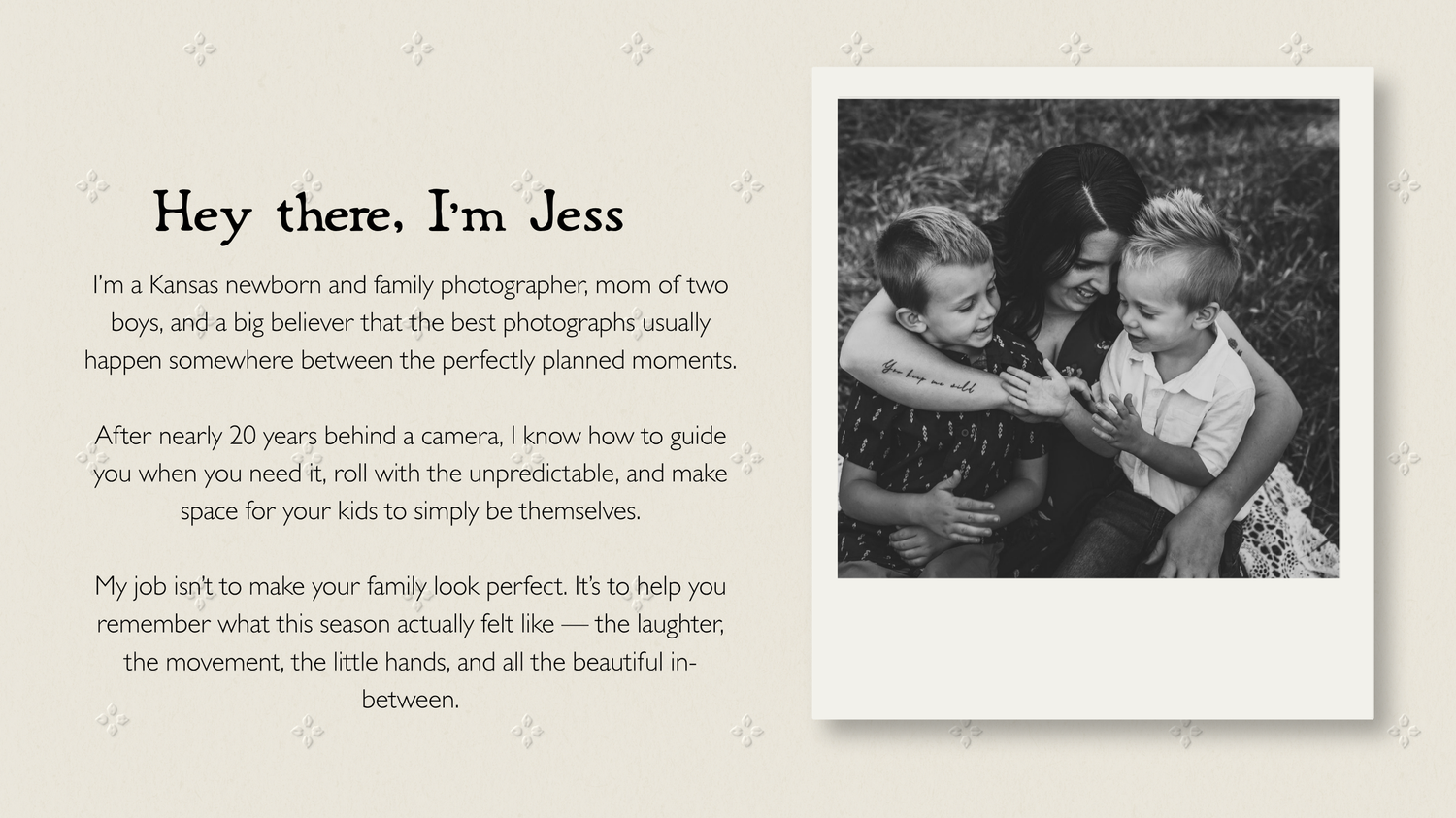 Professional family photographer introduction slide featuring Jess with a black and white photo.