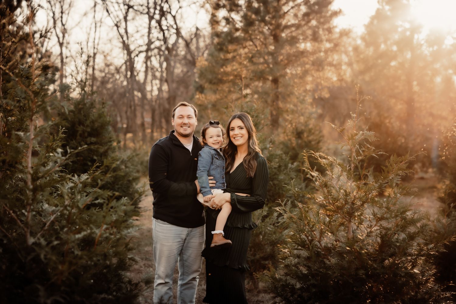 Family of three posing among Christmas trees in golden sunlight, parents smiling with toddler in festive outdoor portrait.
