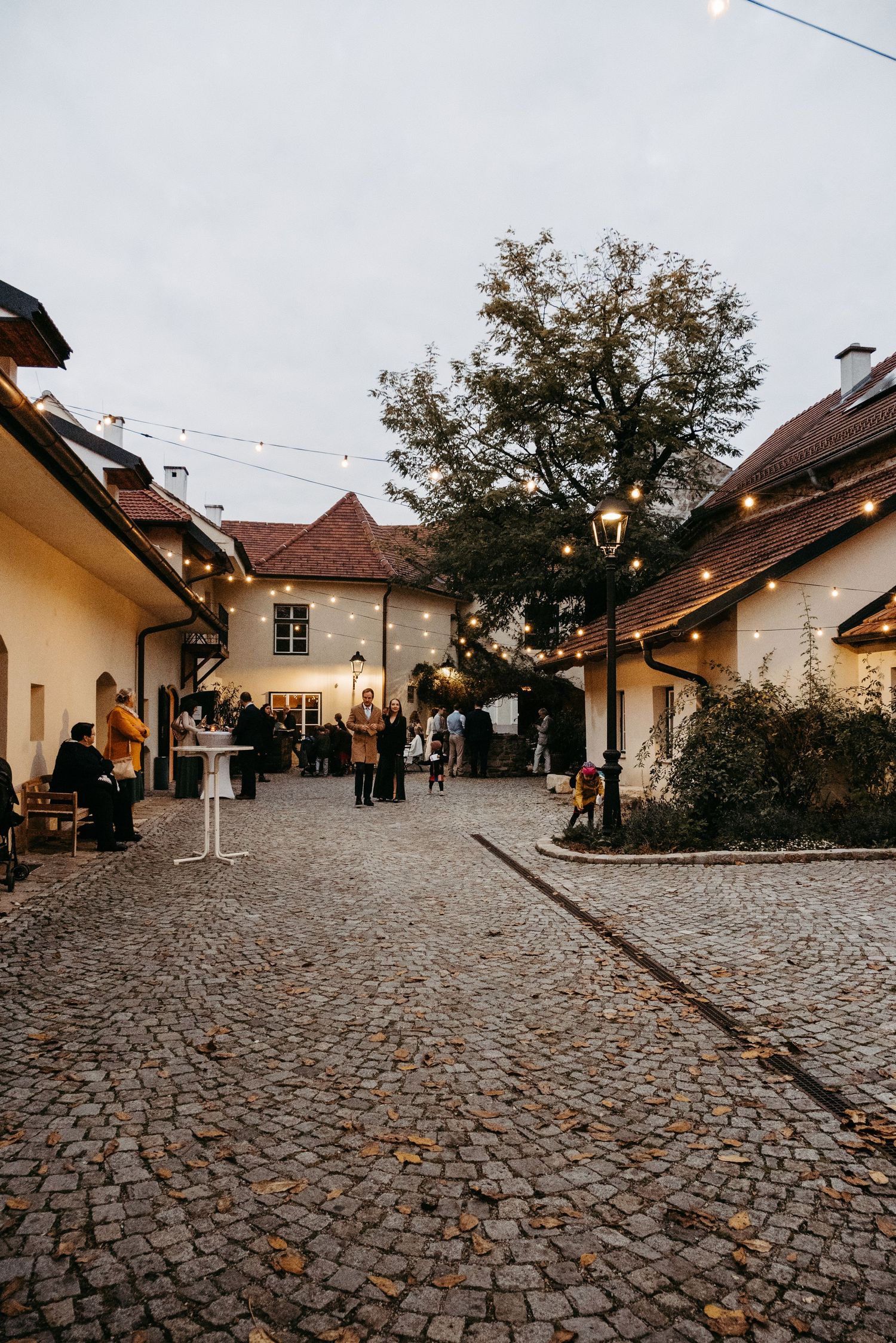 Guests mingling in charming cobblestone courtyard with string lights at wedding reception.