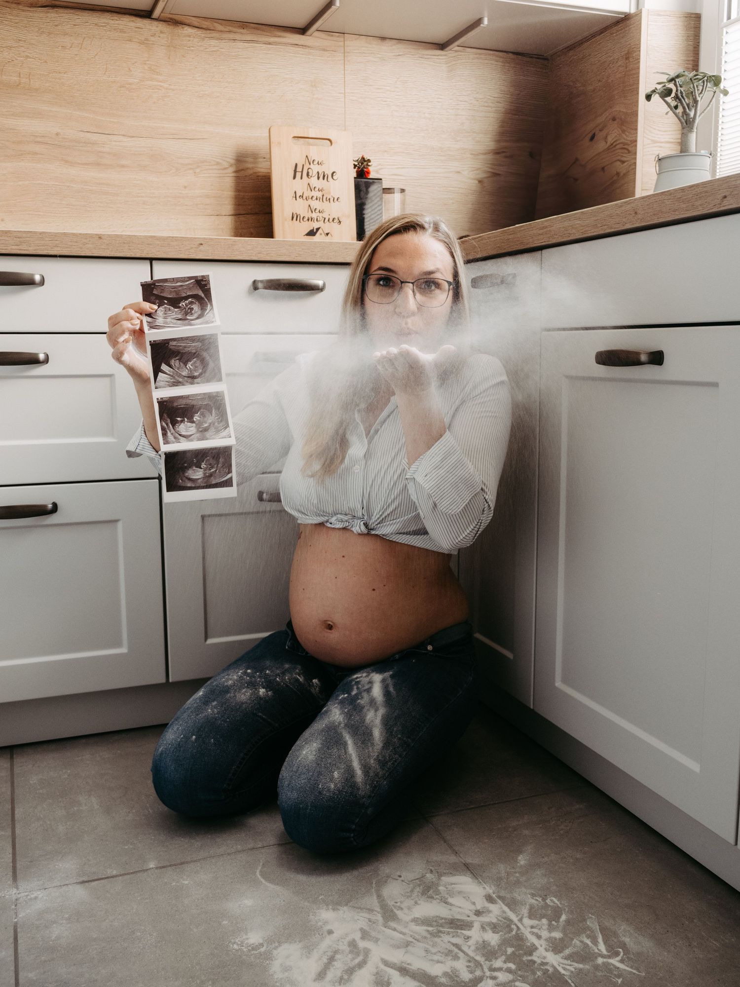 Series of maternity photos showing pregnant woman laying on kitchen floor with flour.