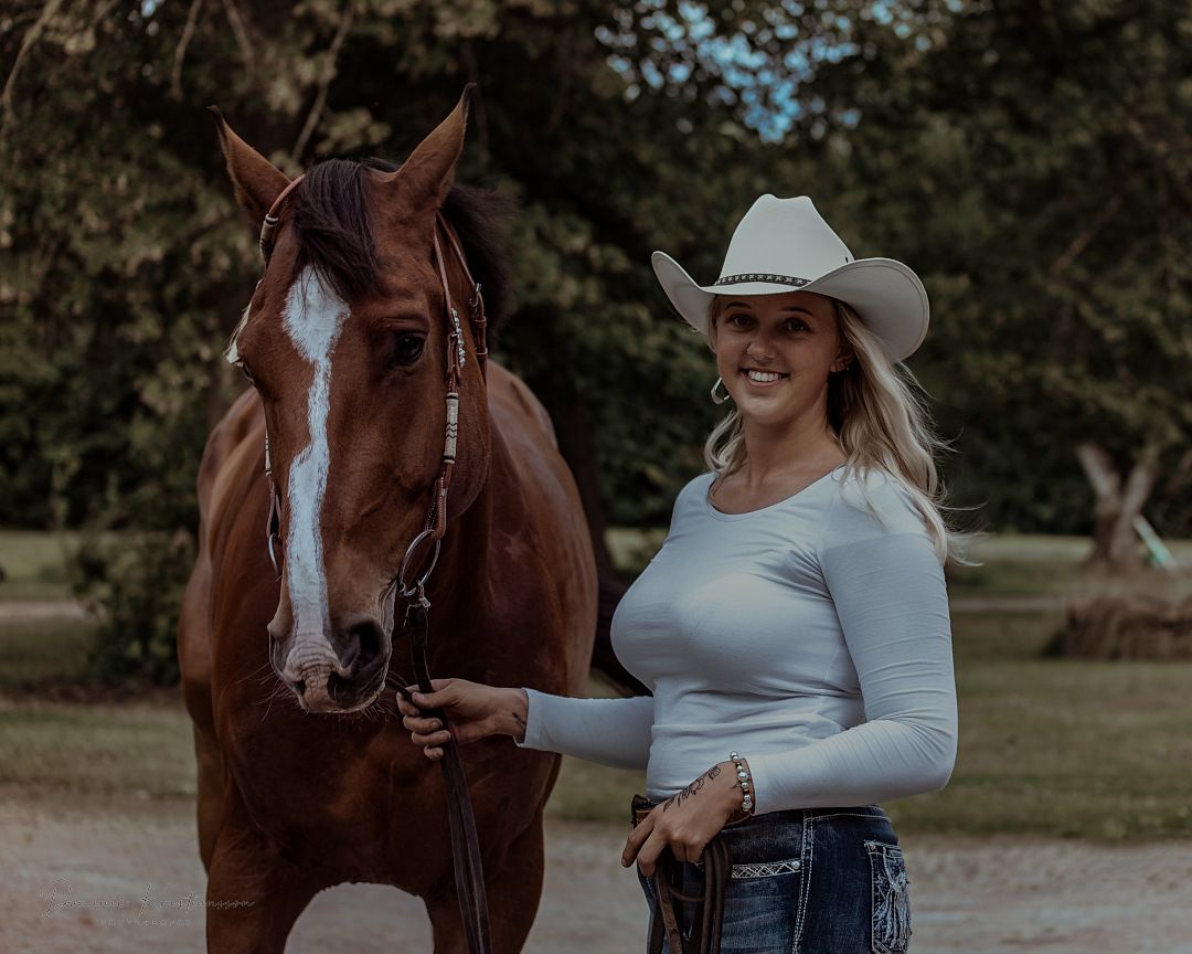 A sequence of photos showing someone bonding with and caring for their brown horse in an outdoor field setting.