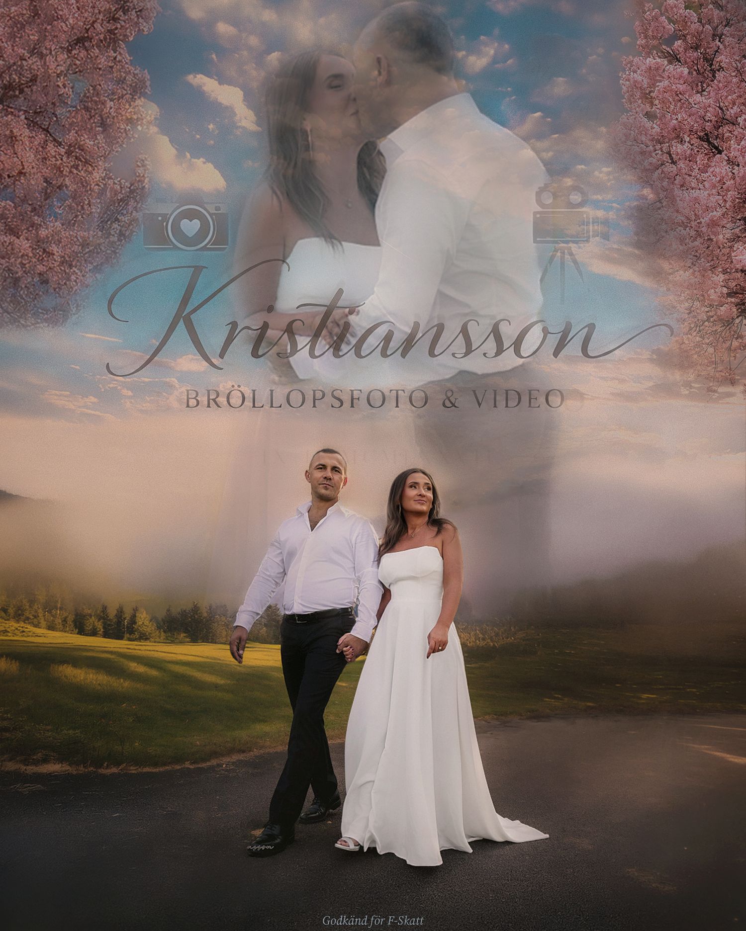 Newlyweds pose outdoors against a dreamy sky with pink cherry blossoms framing the scene.
