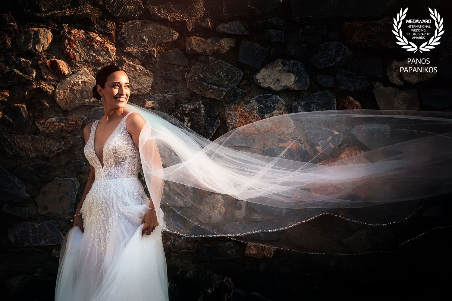 Dramatic bridal portrait with flowing veil against stone wall texture.