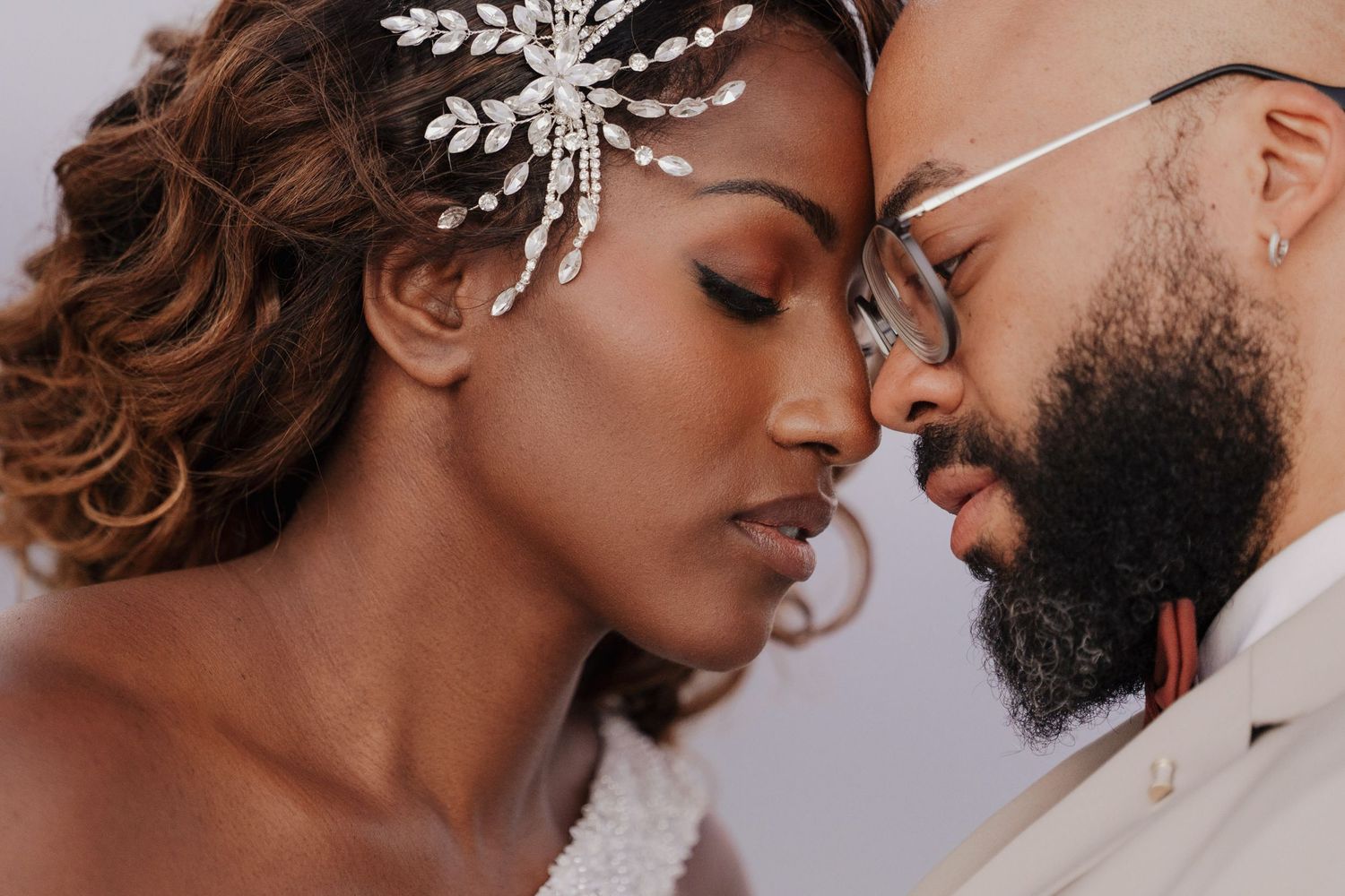 Close-up detail of elegant bridal hair accessories with crystal embellishments.