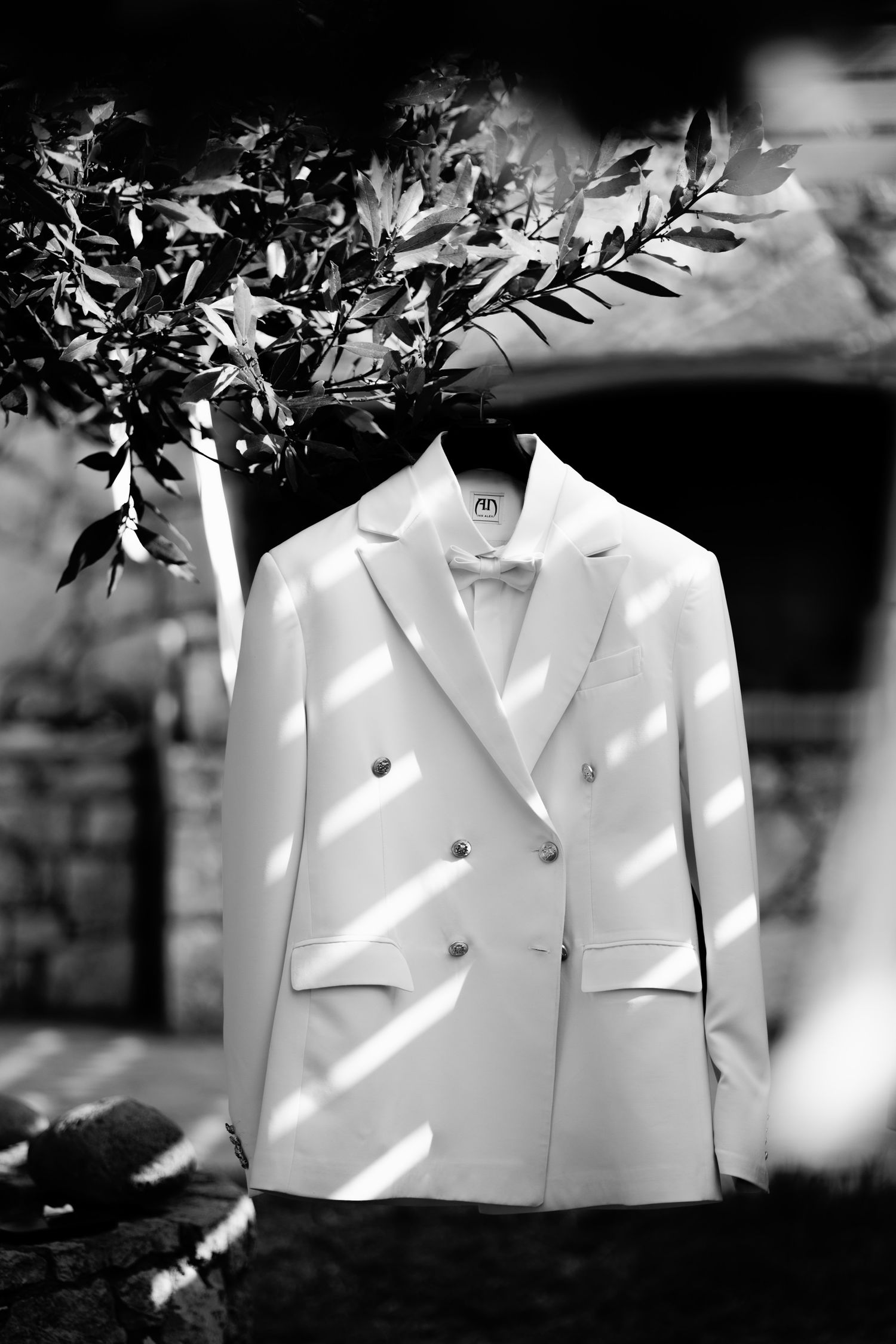 White formal jacket hanging under tree branches in black and white photography.