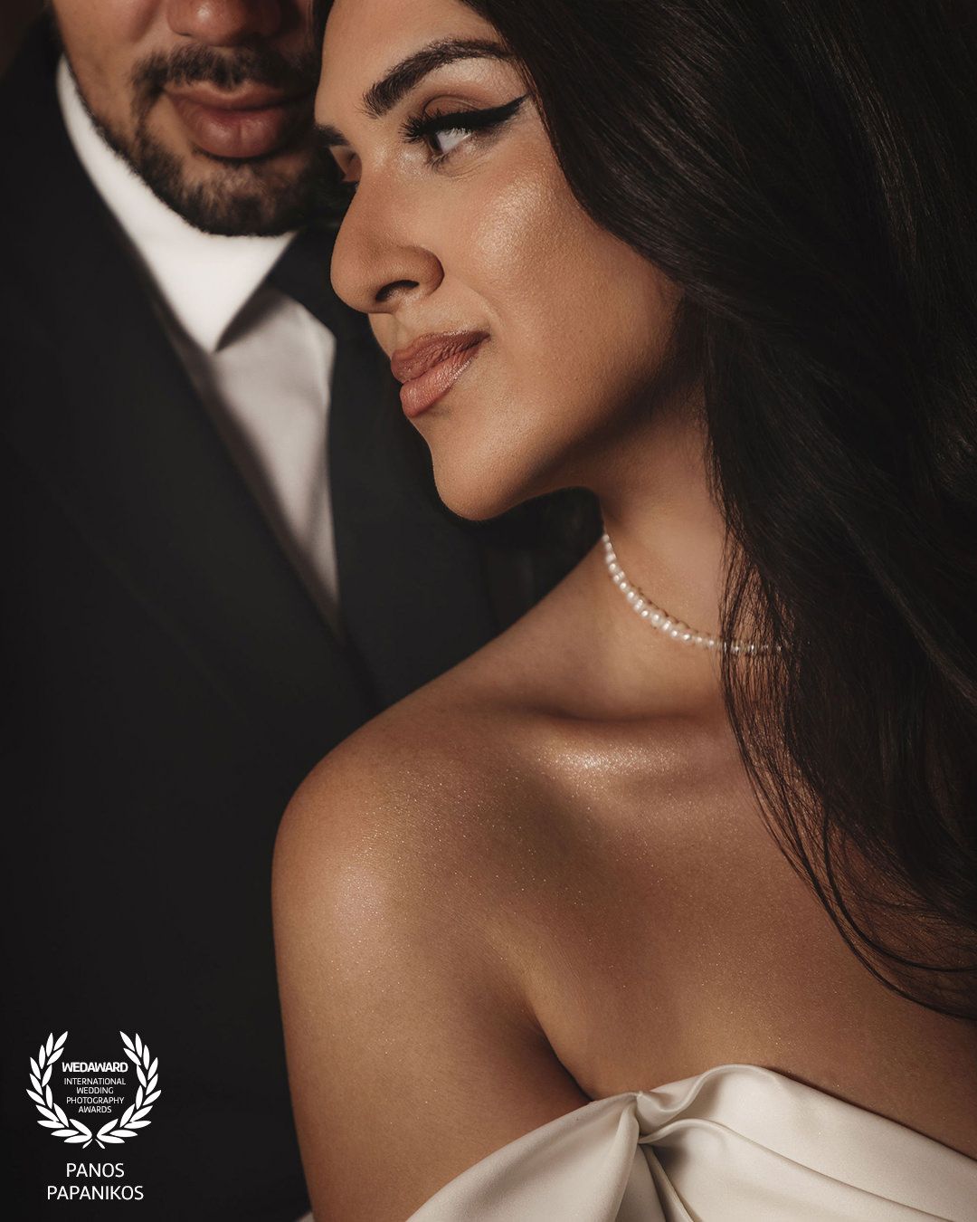 Elegant wedding photography series featuring close-up romantic portraits with soft lighting and pearl accessories.
