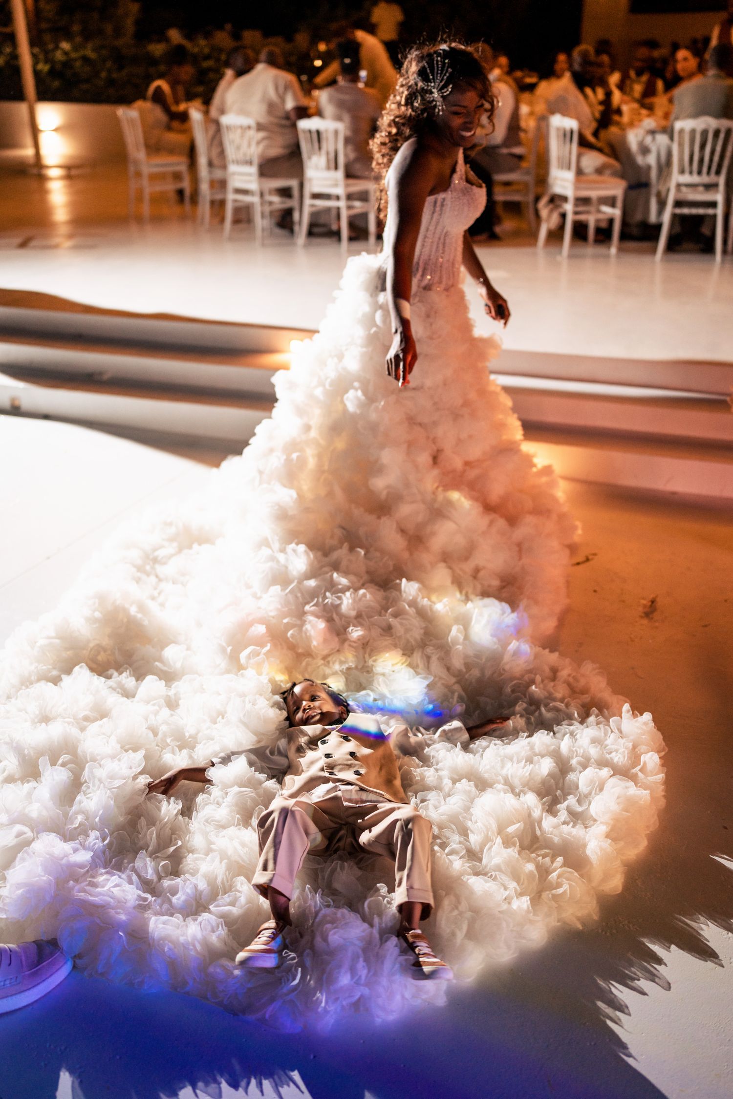 A stunning wedding dance scene with dry ice fog effects creating a dreamy atmosphere.