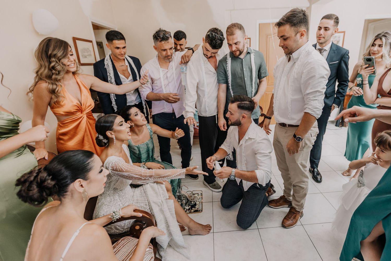 Candid moments of wedding guests celebrating at an indoor reception.