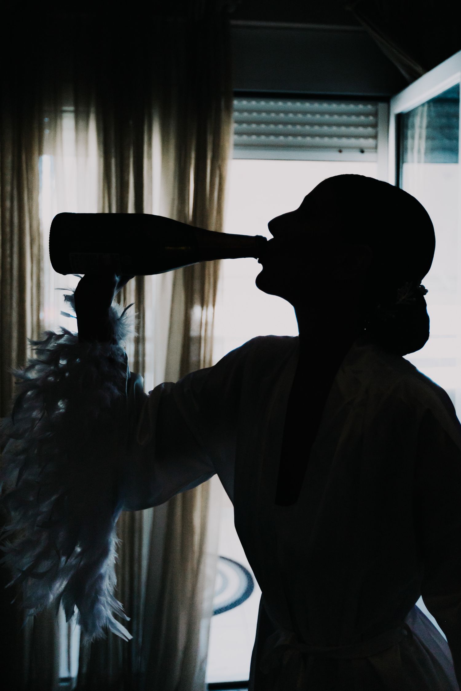 Artistic silhouette shots of people dancing and celebrating indoors.