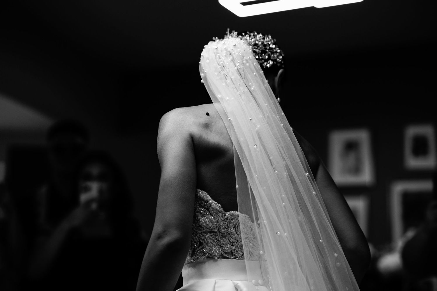 Dramatic black and white wedding dress silhouette with veil details.