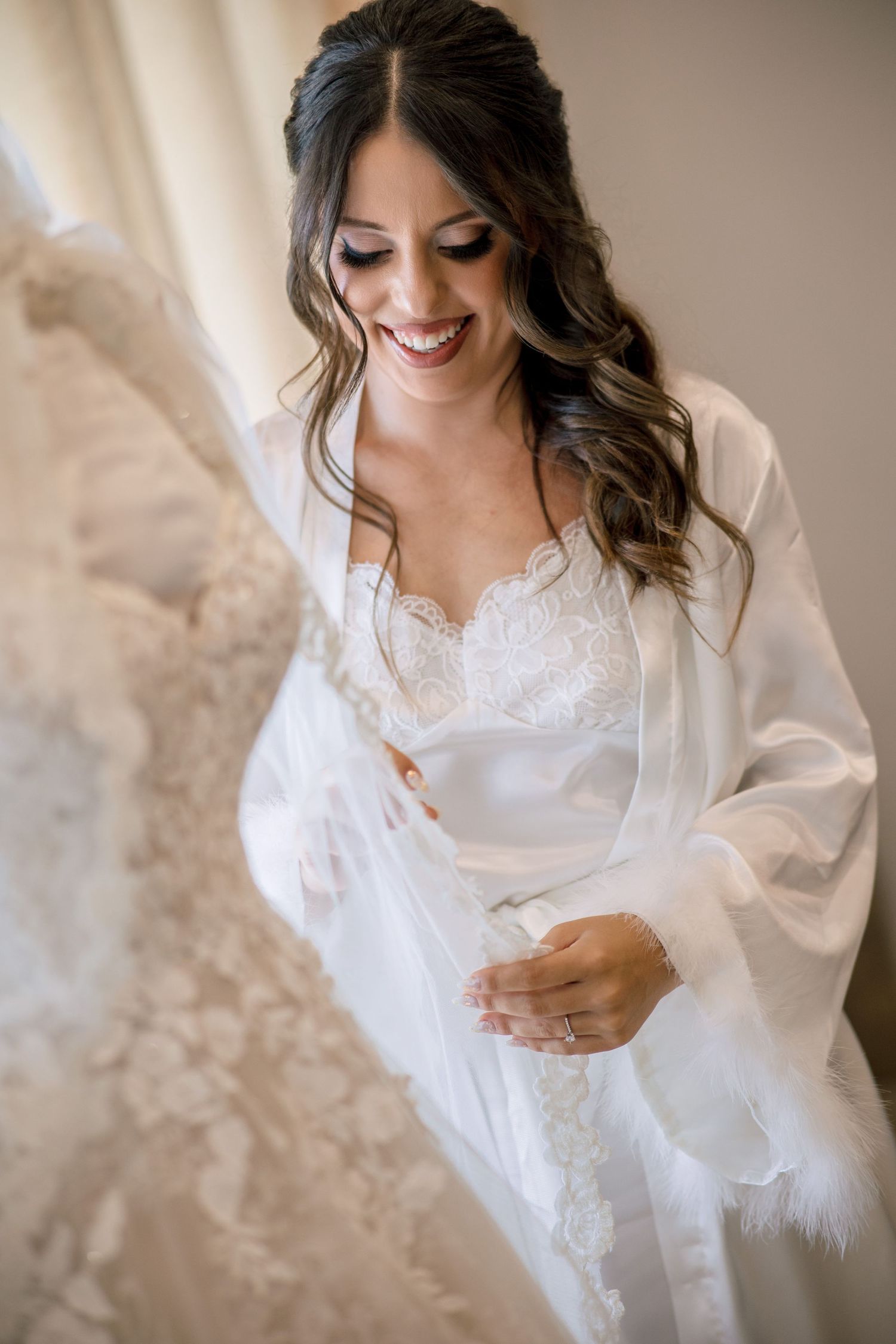 Artistic series of bridal preparation photos showing joy and anticipation.