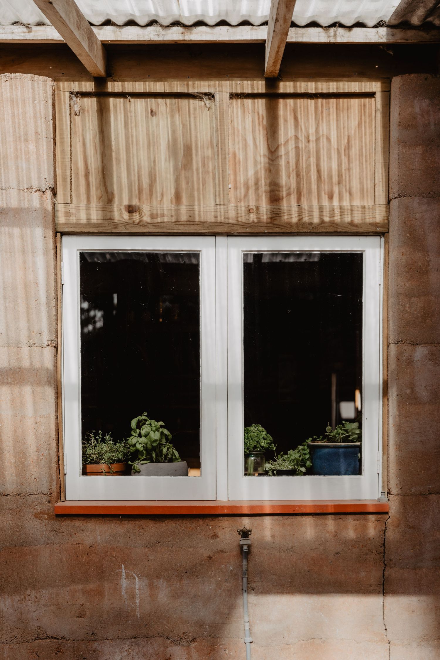 Rustic wooden building exterior with windows featuring potted plants on the windowsills.