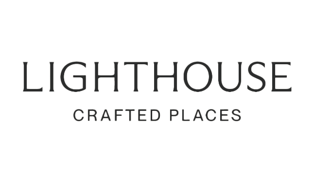 Elegant text logo for Lighthouse Crafted Places in grayscale.