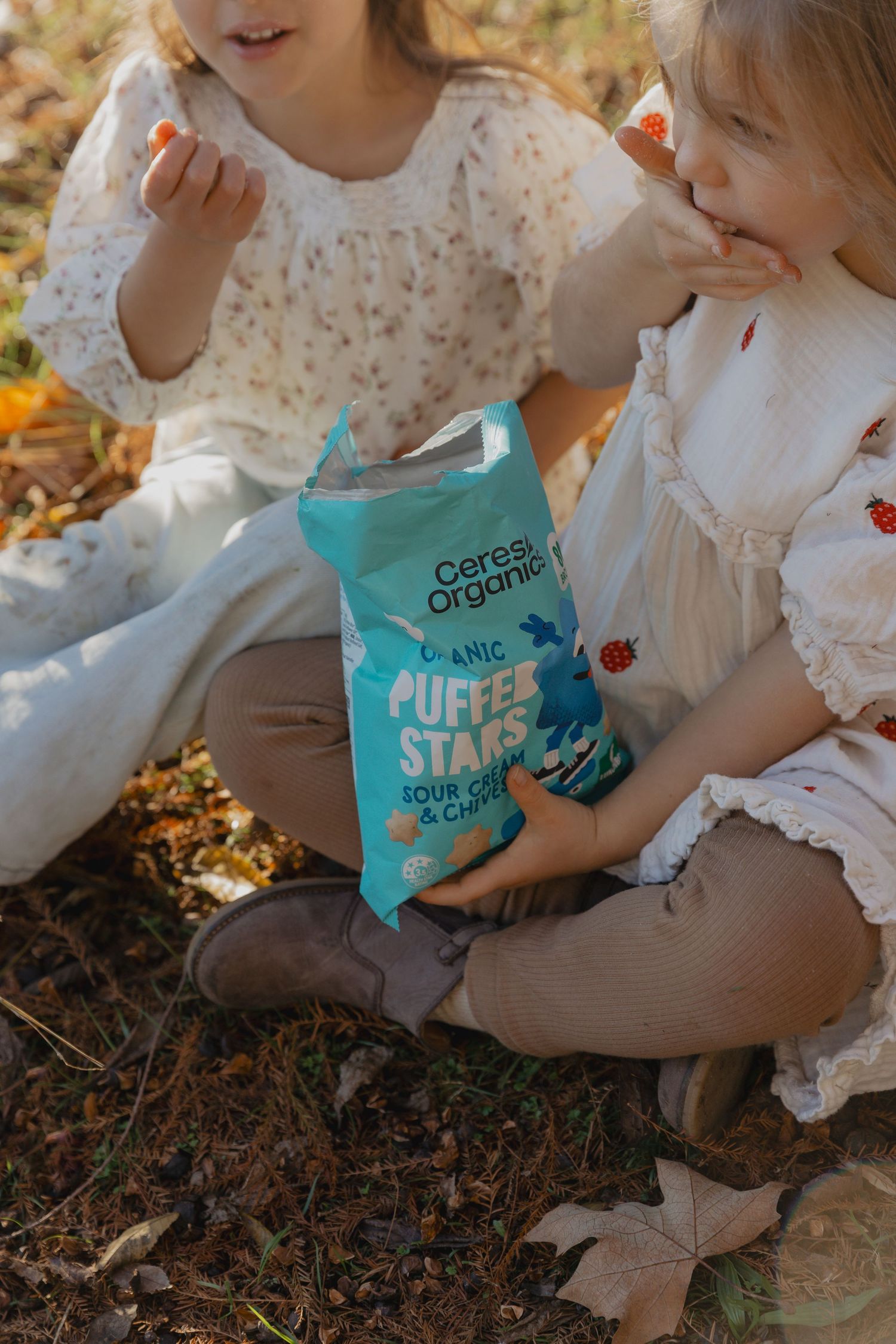 White lace dress and blue snack pouch against fallen leaves on ground.