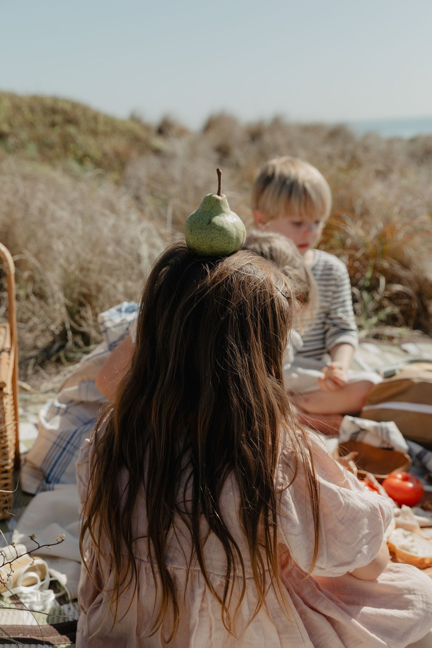 A casual beach picnic setup with people relaxing on blankets by the ocean.