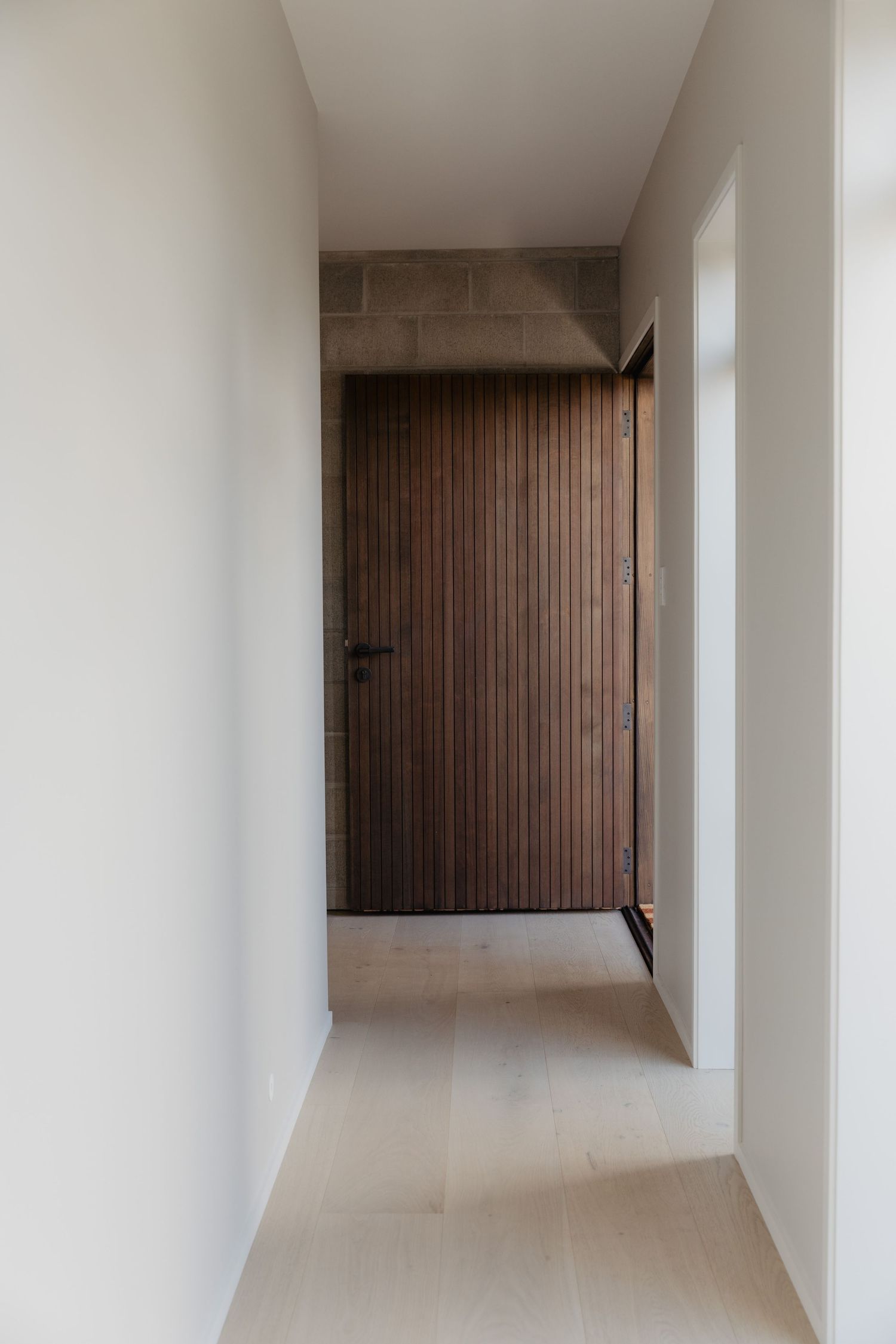 Modern minimalist hallway with white walls and a dark wooden door at the end.
