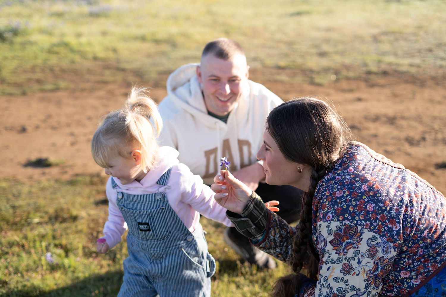 Family playing together in a sunny field during golden hour.