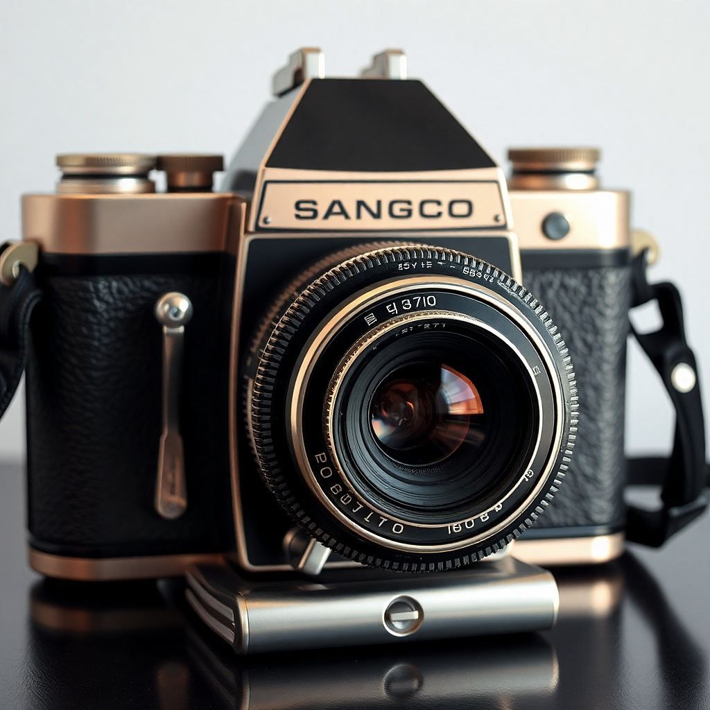 Close-up shot of a vintage Sangco camera lens and body details in silver and black tones.