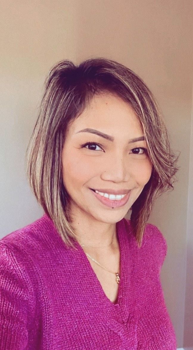 A series of six selfies showing someone wearing a bright pink sweater with side-swept hair and a warm smile.