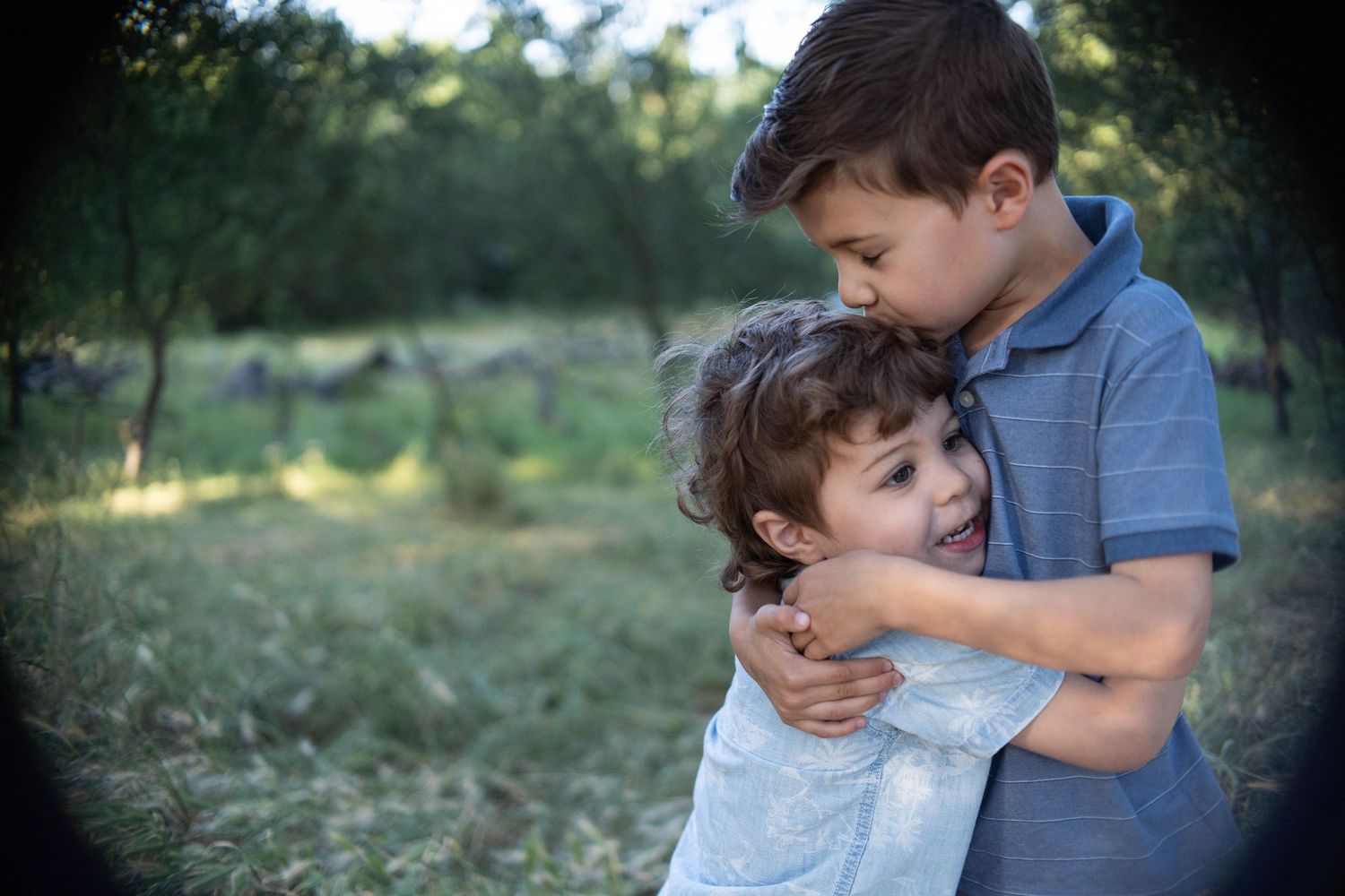 A series of tender family moments captured in a sunny outdoor setting with soft natural lighting.