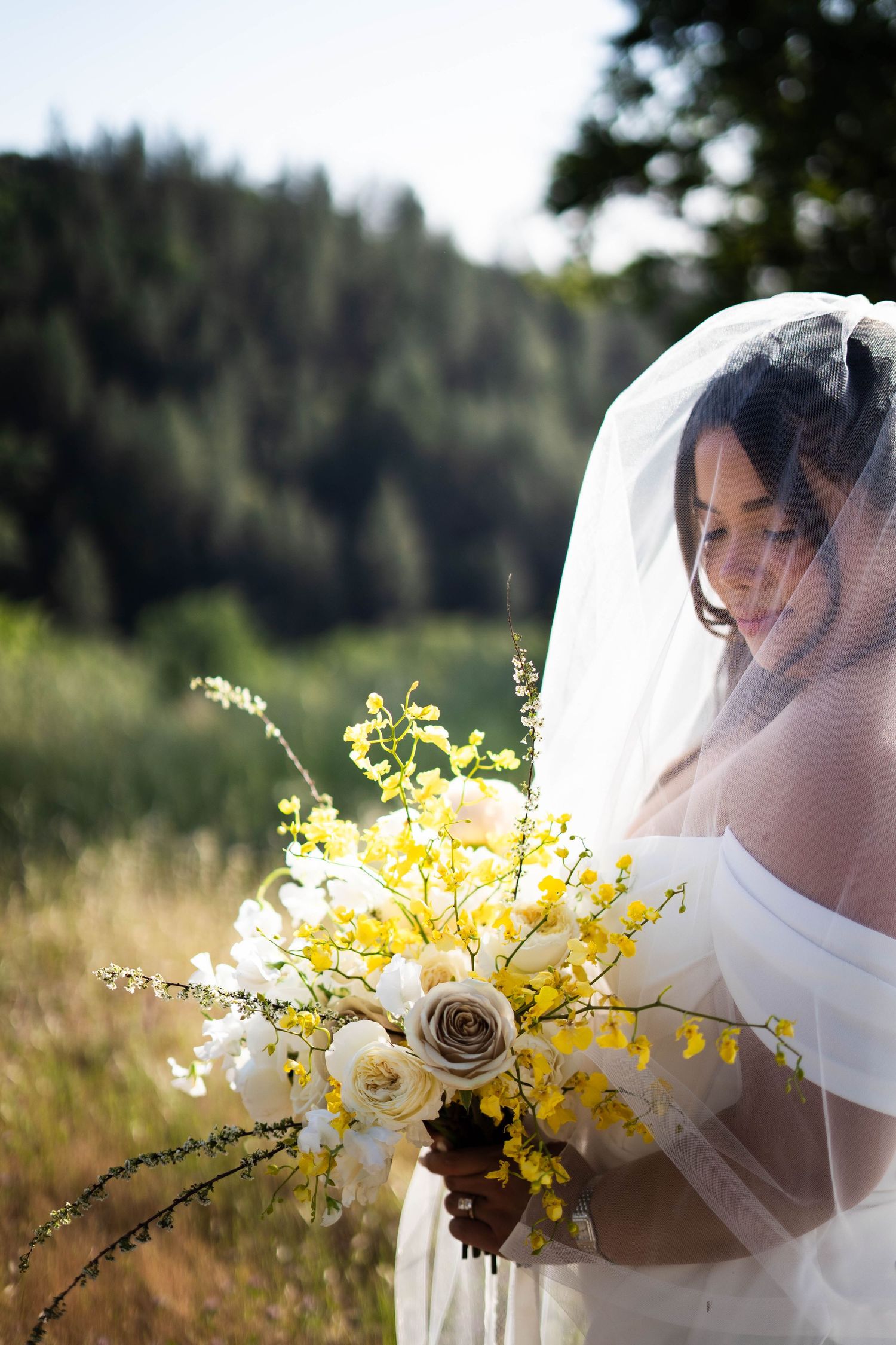 Bride in white veil holding yellow and white floral bouquet outdoors in sunny meadow with green trees.