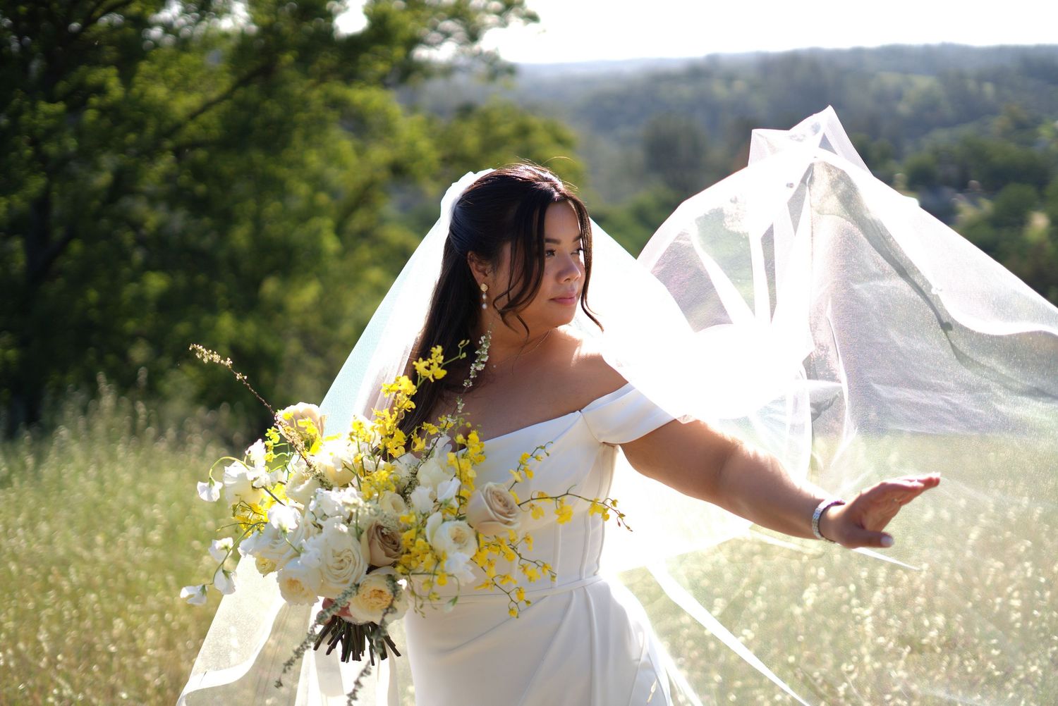 Flowing white dress movement captured in sunlit meadow with mountains in background.