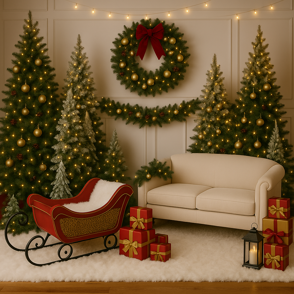Festive holiday backdrop featuring red sleigh, Christmas trees, wreath, wrapped gifts, and cozy sofa.