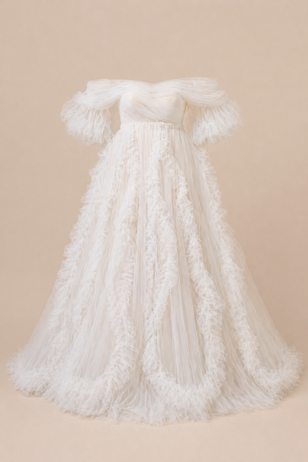 Elegant off-shoulder white maternity gown with feather-trimmed sleeves and ruffled tulle skirt