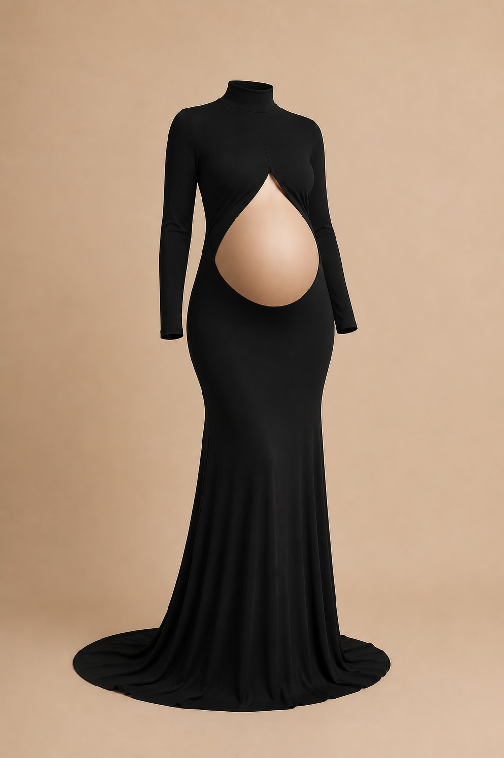 Black long sleeve mock neck maternity dress with belly cutout and mermaid silhouette.