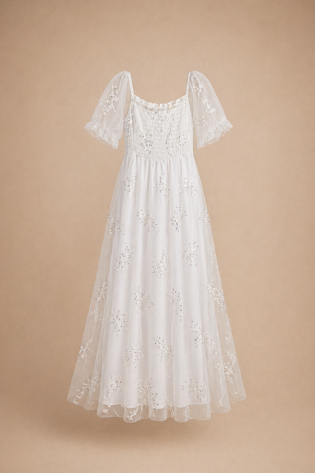 White floral lace midi dress with flutter sleeves, square neckline, and empire waist.