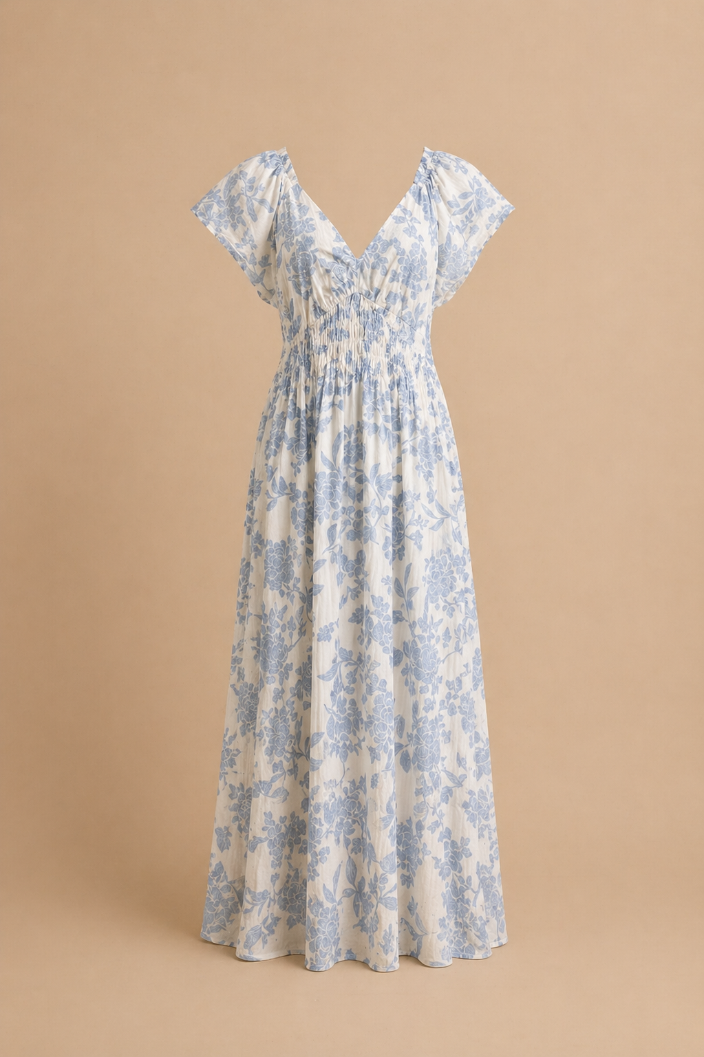 Blue floral print flutter sleeve smocked waist maxi dress.