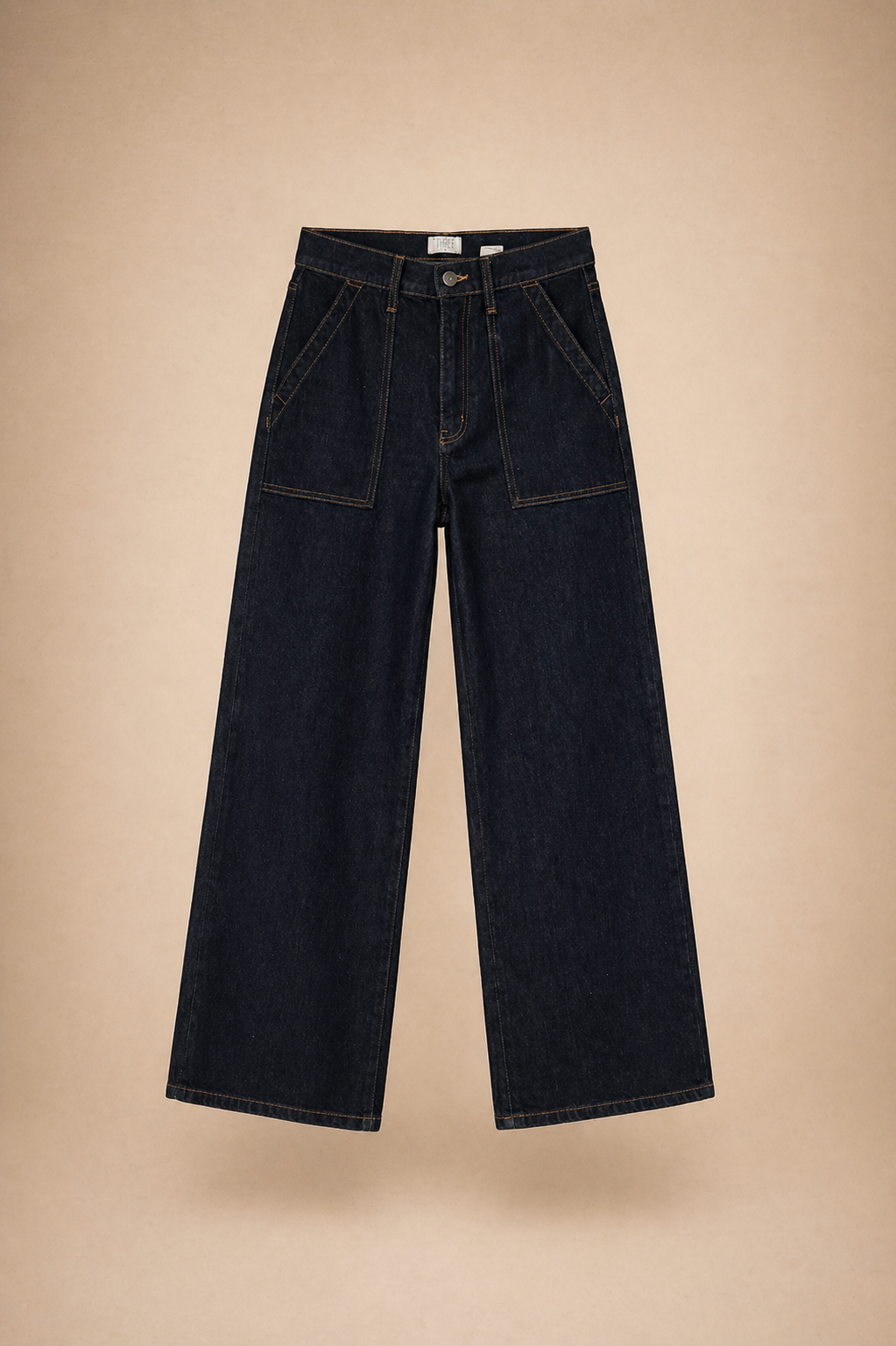 Dark navy wide-leg jeans with contrast stitching and patch pockets, high-waisted silhouette .