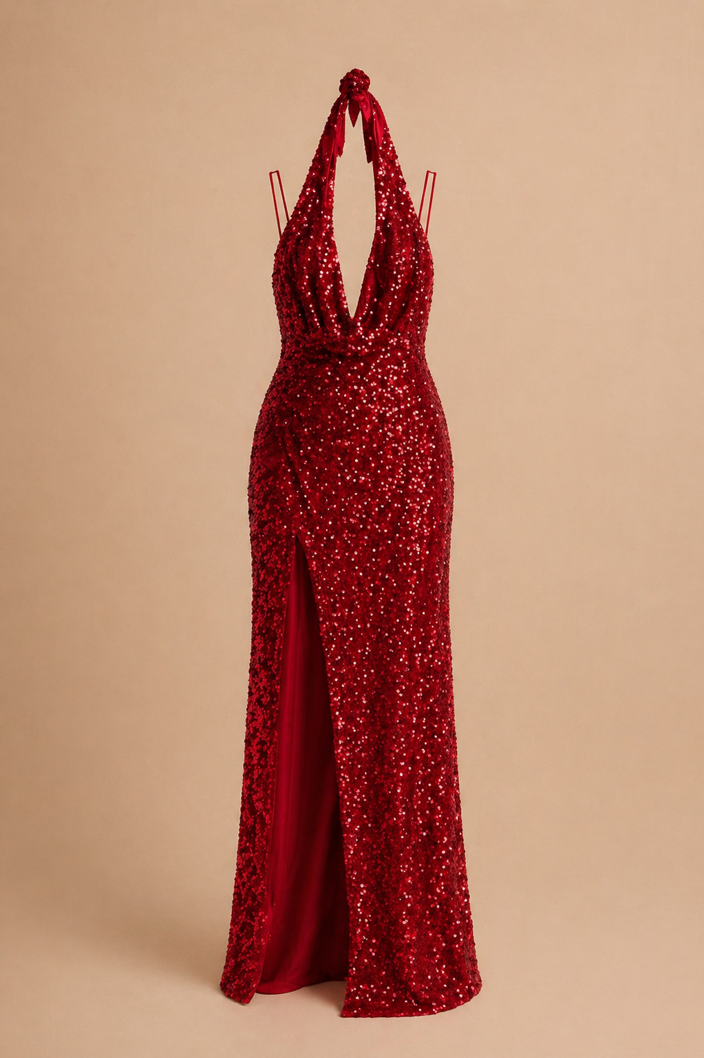 Red sequin halter neck gown with deep V-cowl neckline, high slit, and floor-length silhouette.