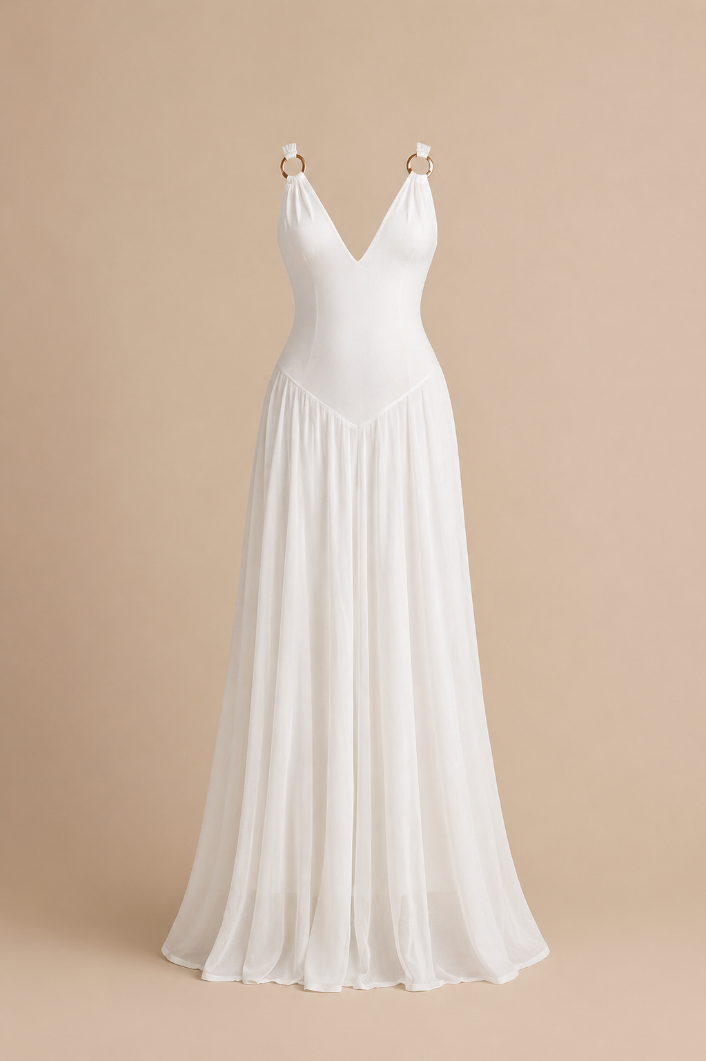 White V-neck chiffon  maxi dress with gold ring shoulder straps .