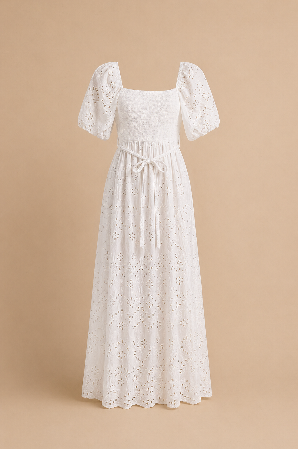 White eyelet lace midi dress with puff sleeves, square neckline, and tie waist belt.