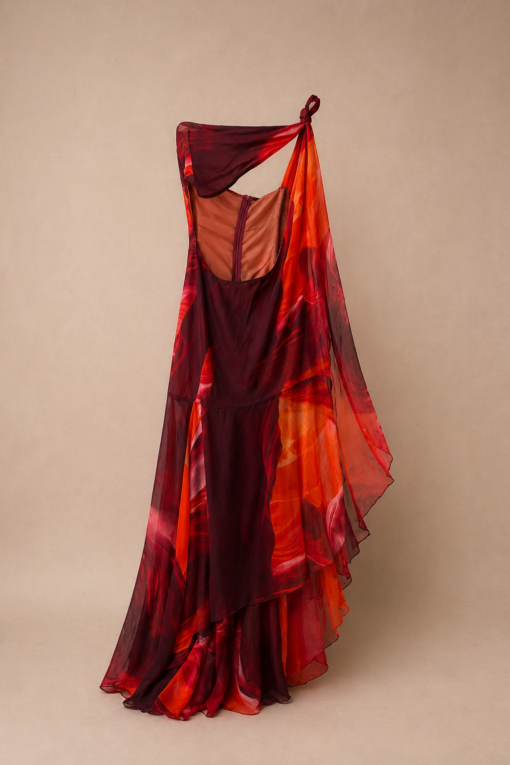 Burgundy and red ombre chiffon gown with flowing asymmetric drape and tiered skirt layers.