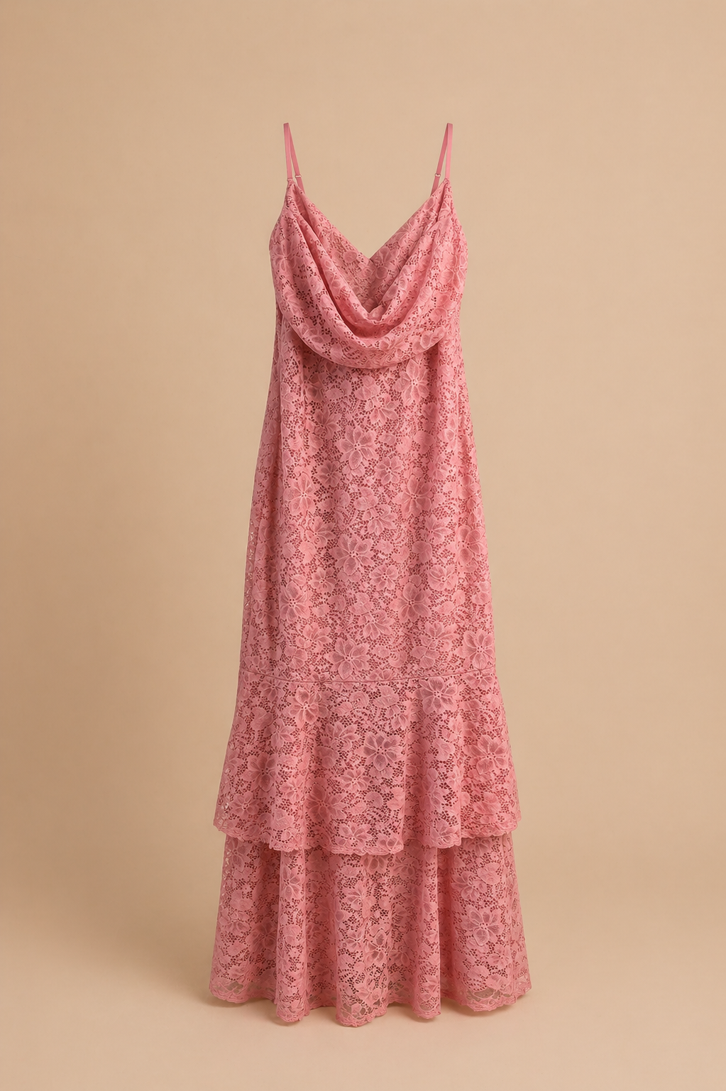 Pink lace tiered maxi dress with cowl neckline and thin spaghetti straps, featuring floral lace fabric.