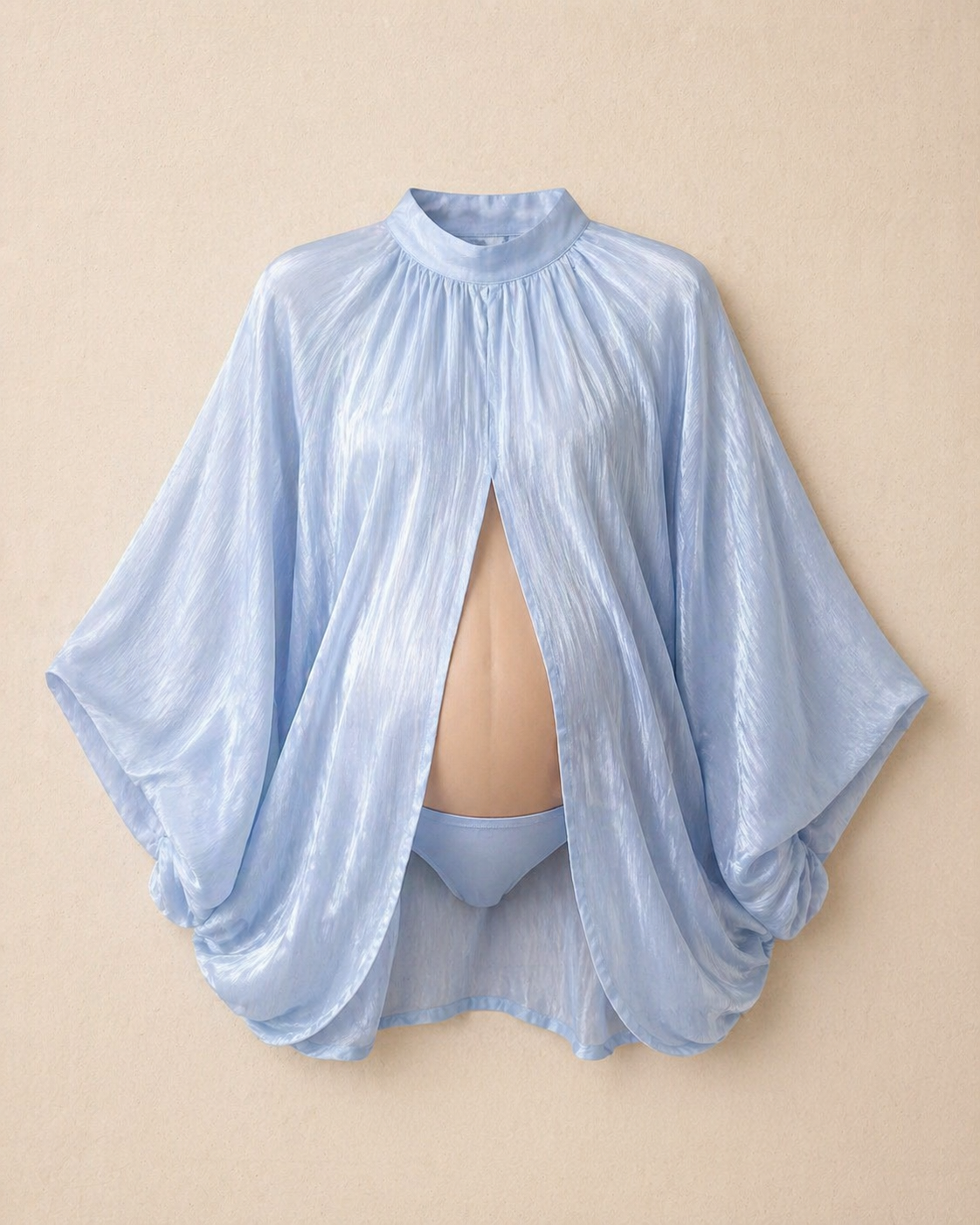 Light blue satin blouse with mock neck and draped sleeves (underwear not included)
