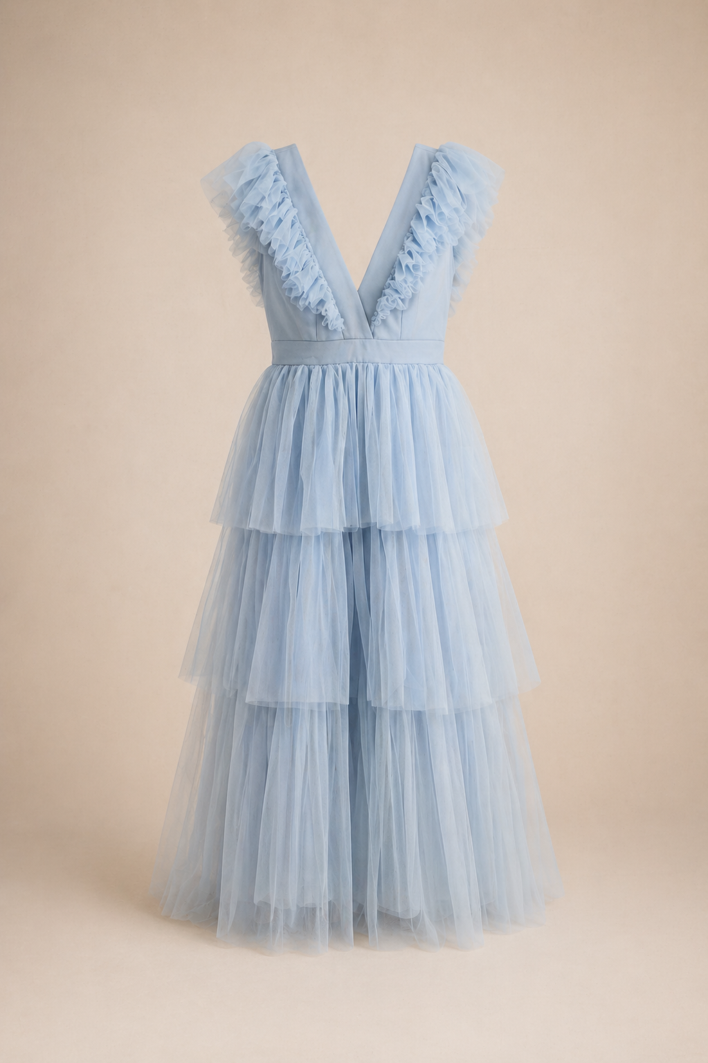 Dreamy light blue tiered tulle midi dress with ruffled V-neckline and layered skirt for a fairy-tale look.