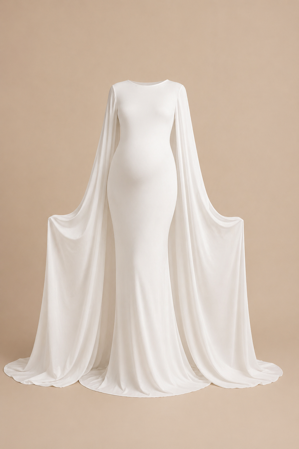 White long sleeve maternity gown with dramatic flowing cape sleeves .