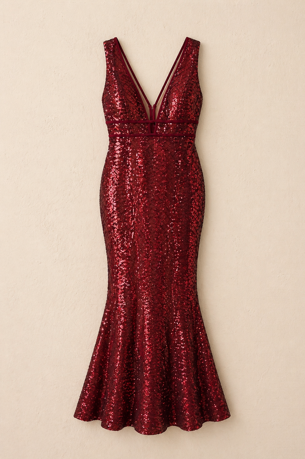 Red sequin mermaid dress with deep V-neckline and flared hem, perfect for formal events.