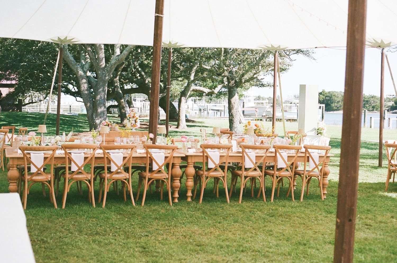 Long row of wooden cross-back chairs arranged on grass under covered outdoor venue.