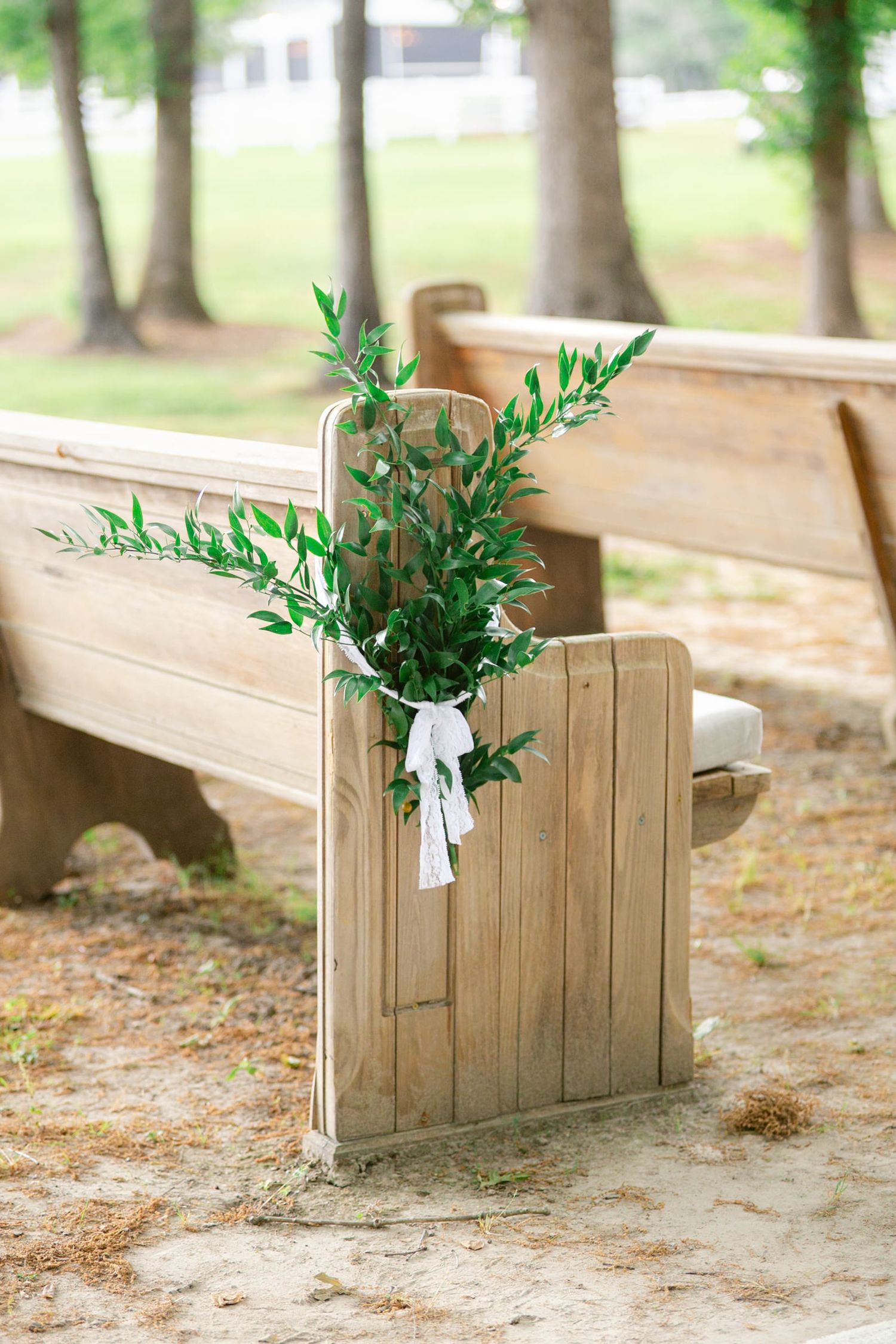 Wooden bench seating with decorative greenery arrangements in outdoor garden setting.