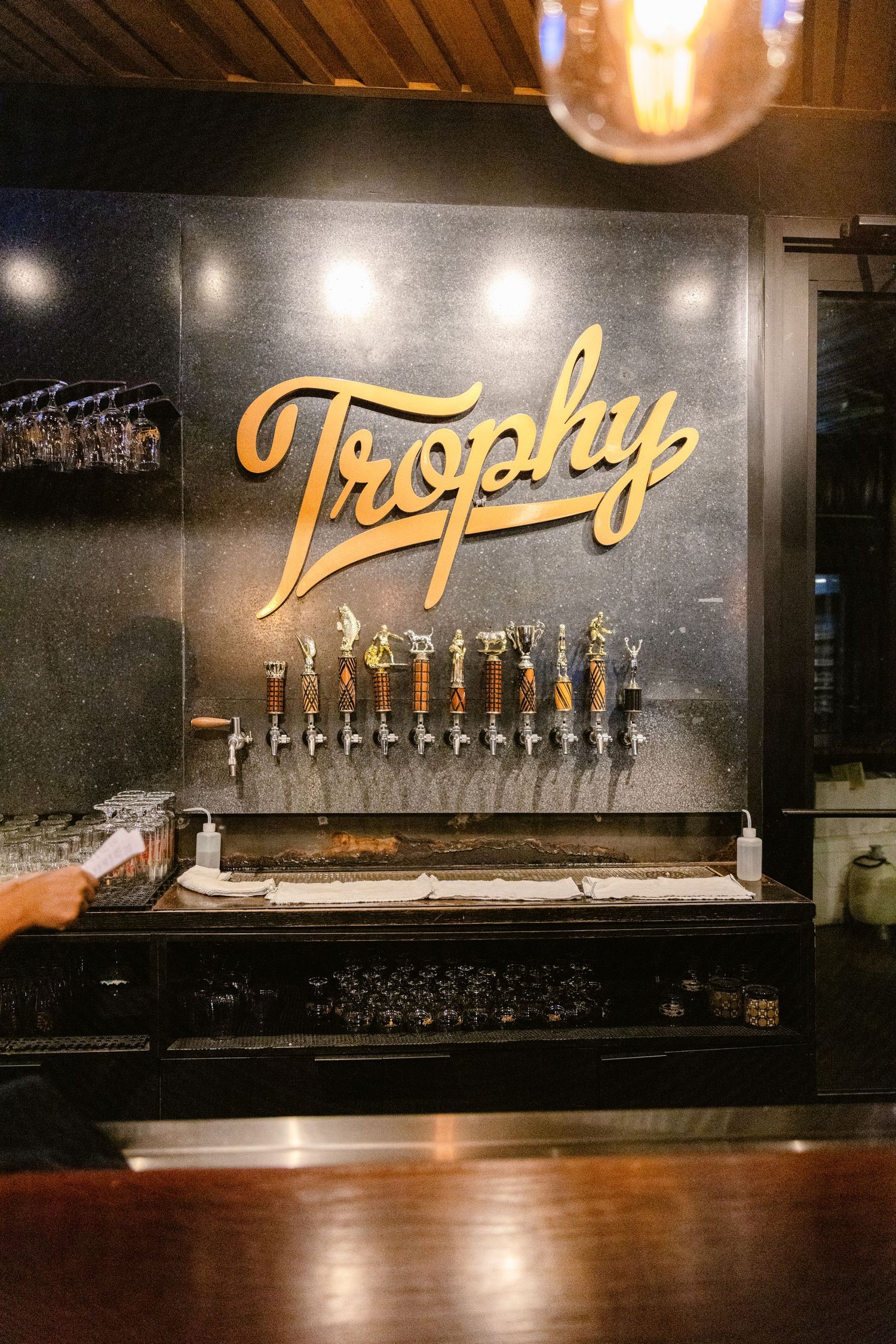 Trophy Brewing beer tap wall featuring illuminated gold lettering and multiple draft handles mounted on dark background.